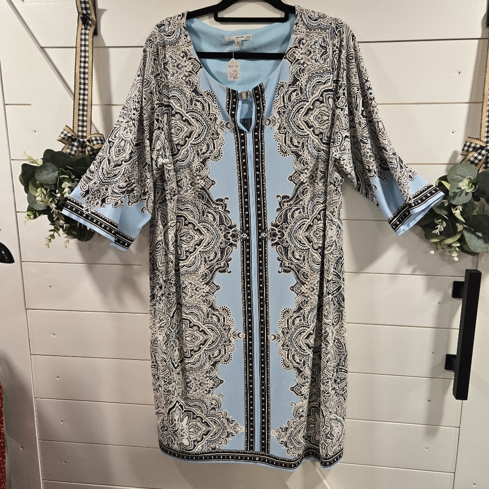 Studio One Sky Blue and Black Dress with Textured Design.  Measurements In Pics